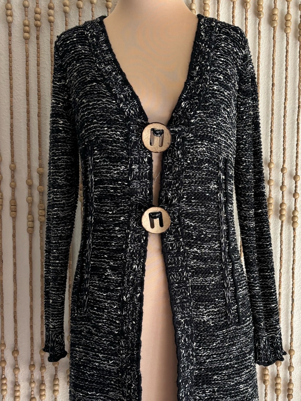 BCBG MAXAZRIA Black White Y2K
Open Front Button Ruffle Hem Long Knit Sweater L - Picture 2 of 5